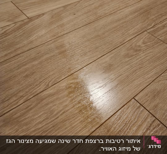 רצפת עץ עם כתם רטוב המצביע על נזילה